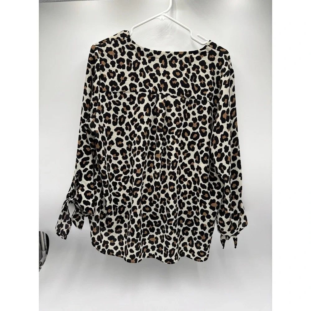 Michael Kors Leopard Print Peasant Blouse Womens Large Tie Sleeve Animal Print